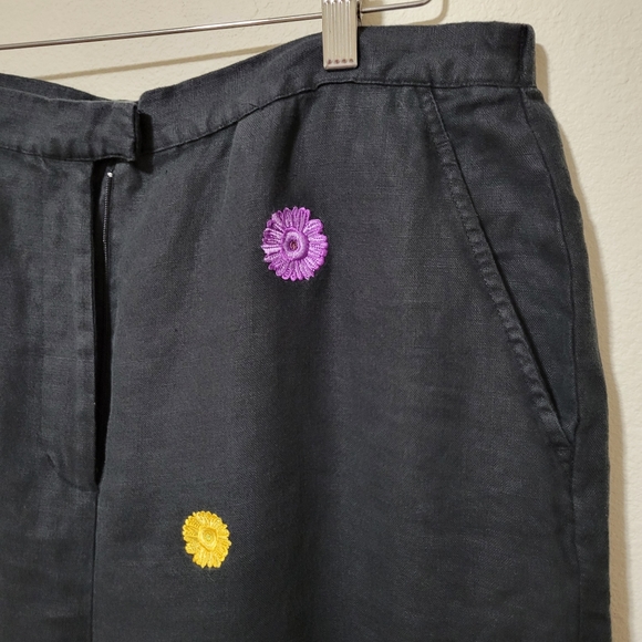 Rosanna 100% Linen Black Pants with Colurful Floral Embroidery | Size 16W - Picture 3 of 5